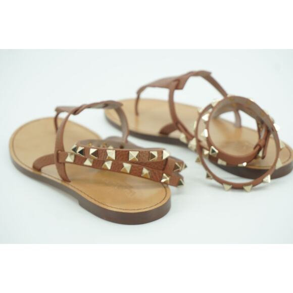 Valentino Rockstud brown Leather Ankle Strap Flat Thong Sandals Size 36 NIB $895 - Picture 9 of 12